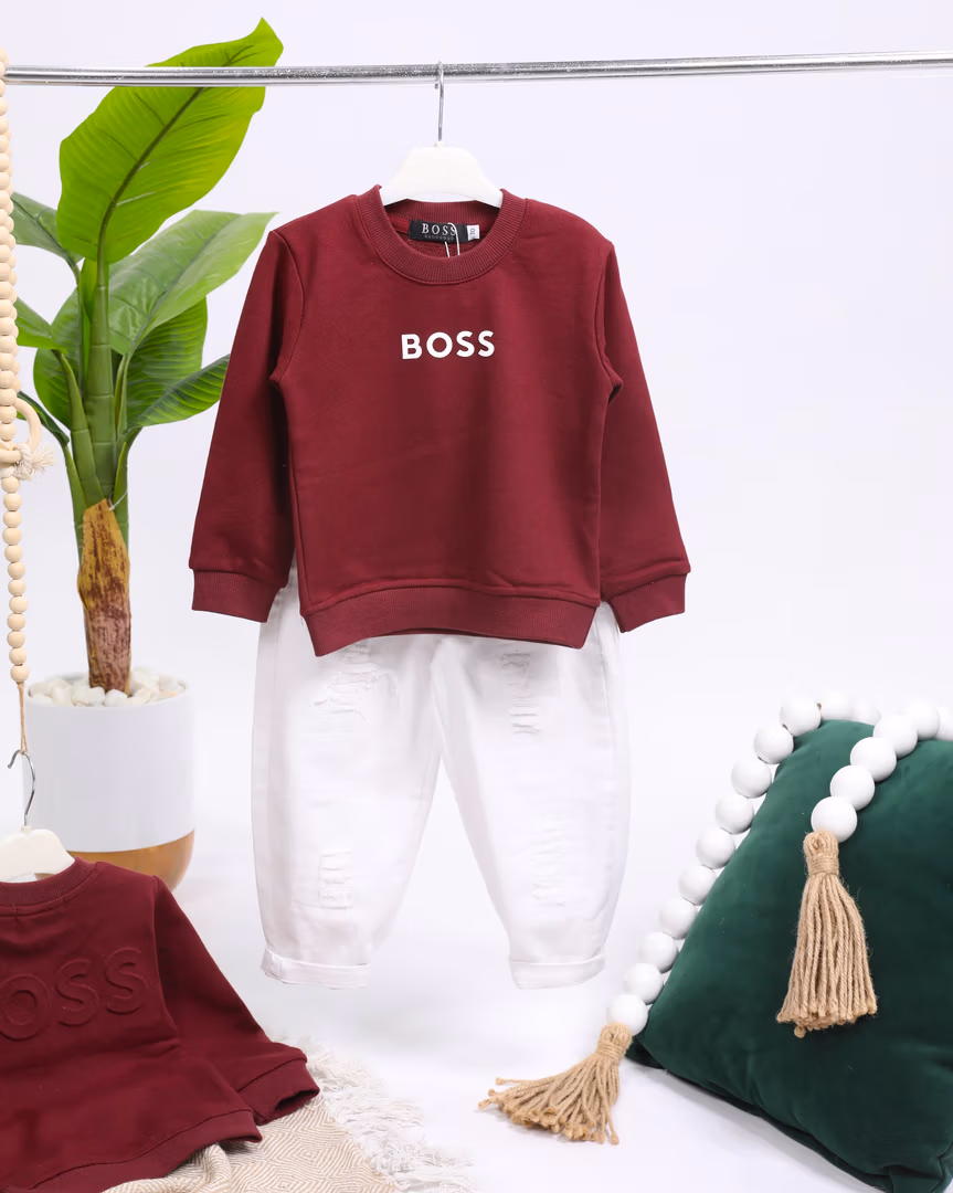 طقم ولادي BOSS  - Color خمري 
